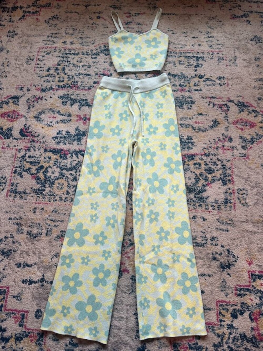 Altar'd State Matching Set- Retro Boho Floral Knit Lounge Pants & Crop Tank - XS